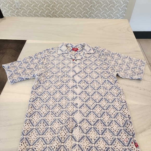 Stacy Adams Men"s Blue Geometric Floral Lattice Crochet Woven Shirt Size XL - Picture 11 of 11